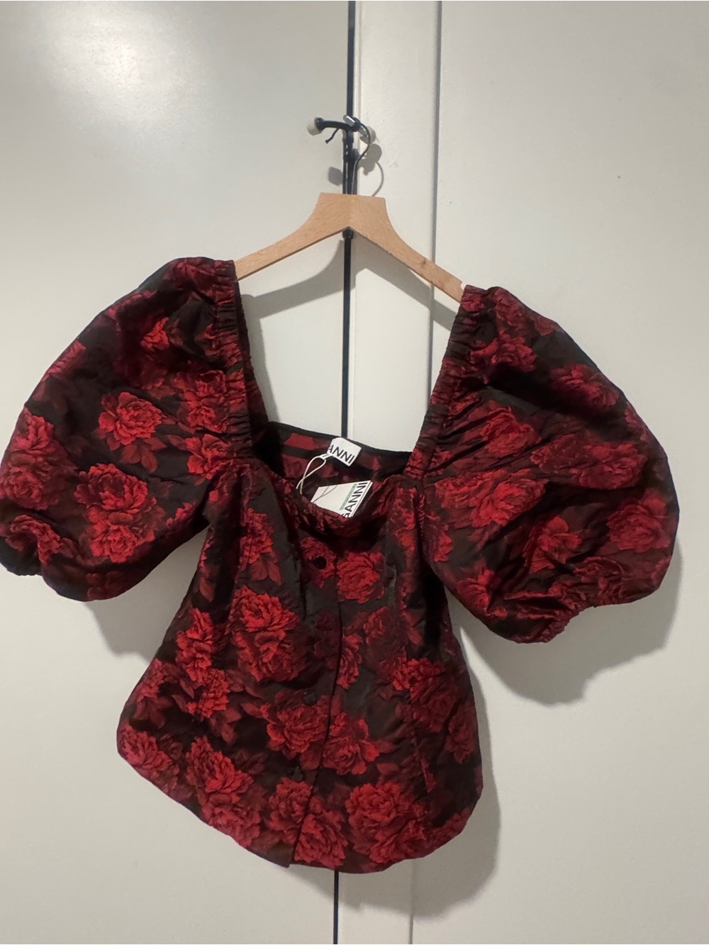GANNI Red Floral Puff-Sleeve Peplum Top